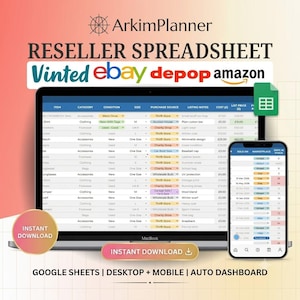 Puede incluir: Una hoja de cálculo digital para revendedores titulada ArkimPlanner mostrada en una pantalla de portátil y smartphone. La interfaz muestra columnas para artículo, categoría, estado, talla, fuente de compra y precio. Texto: Vinted, ebay, depop, amazon.