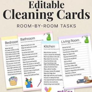 Puede incluir: Un conjunto de tarjetas de limpieza editables con tareas por habitación para el dormitorio, baño, cocina y sala de estar. Cada tarjeta incluye una lista de tareas, iconos coloridos como botellas de spray y guantes, y el texto ArkimTemplates.