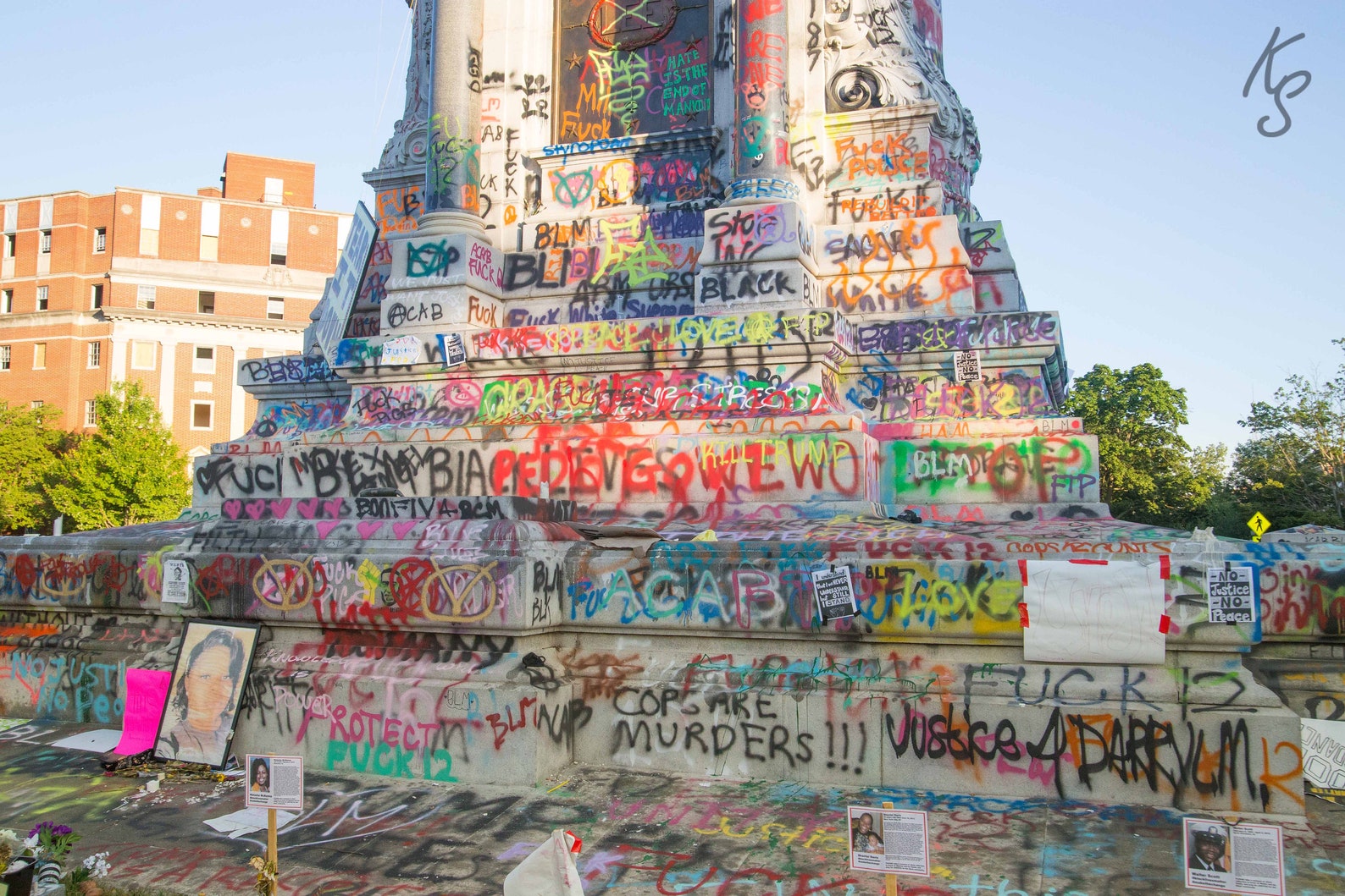 Richmond Virginia Robert E Lee Statue Graffiti Close up on Monument Ave