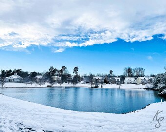 Winter Snow Lake Photo, Winter Wonderland Landscape Photo, The Grove Lake 8x10 Photo, Framed Photography Option,  Gift