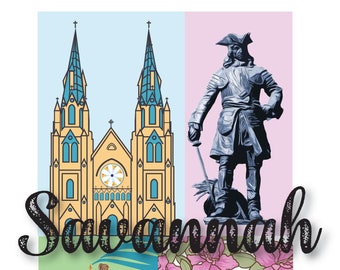 Może przedstawiać: Kolorowy kolaż przedstawiający ikoniczne zabytki Savannah w Georgii. Kolaż zawiera żółty kościół z niebieskimi akcentami, pomnik mężczyzny w niebieskim mundurze, fontannę z posągiem kobiety oraz żółty budynek z czerwonym dachem.