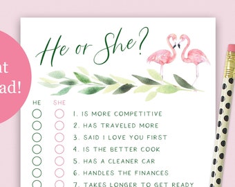 He or She? Bride or Groom? Flamingo Wedding Bridal Shower Guessing Game - Instant Download- Print at Home: Pink/Green