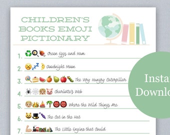Children&#39;s Books Emoji Pictionary- Baby Shower Game- Instant Download- Print at Home: Mint Color
