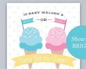Come Get the Scoop! Ice Cream Social Baby Gender Reveal Invitation-Pink or Blue? Boy or Girl? What's the Scoop?
