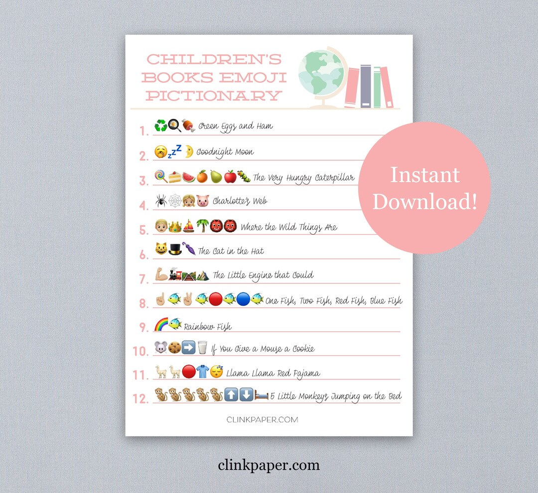 Children's Books Emoji Pictionary Baby Shower Game Instant Download ...