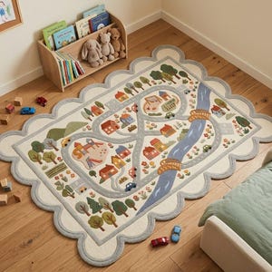 May include: A rectangular area rug with a scalloped grey border featuring a colorful town map design. The rug displays a winding grey road, a blue river with two bridges, various houses, green trees, a playground, and small cars on a cream background.
