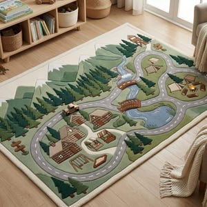 May include: A rectangular area rug featuring a detailed nature-themed landscape with green mountains, dense pine forests, a winding gray road, a blue river with two wooden bridges, and small cabin structures, all rendered in a textured, layered design.