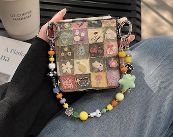 Cute Grid Bunny Floral Magnetic Case with Bead Chain for Flip Phones