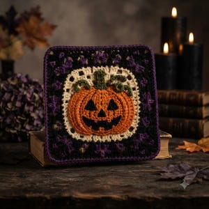 May include: A square crochet granny square featuring a central orange jack-o'-lantern with a green stem and black facial features. The pumpkin is surrounded by a cream-colored border, followed by a black and purple decorative crochet pattern.