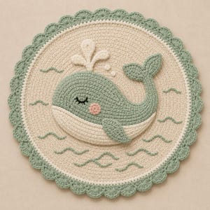 May include: A circular crochet wall hanging featuring a sage green whale with a cream-colored underbelly, a pink cheek, and a water spout. The whale is centered on a cream background with sage green wave accents and a scalloped sage green border.