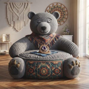 May include: A large gray crocheted bear-shaped floor chair featuring a closed-eye expression, a patterned fringe scarf, and a circular seat base with a colorful floral motif. A small wooden stand holding a purple crystal sits on the seat.
