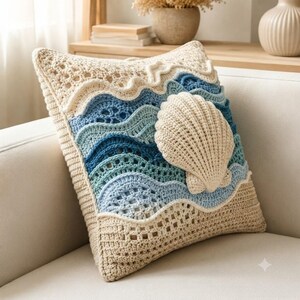 May include: A square crochet pillow featuring a textured design of layered blue and light blue ocean waves above a sandy beige base. A large, three-dimensional cream-colored seashell is attached to the center, adding depth to the nautical-themed textile piece.