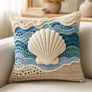May include: A square crochet throw pillow featuring a central three-dimensional cream-colored seashell applique. The background displays layered wavy patterns in shades of light blue, teal, and dark blue, transitioning into a tan textured base.