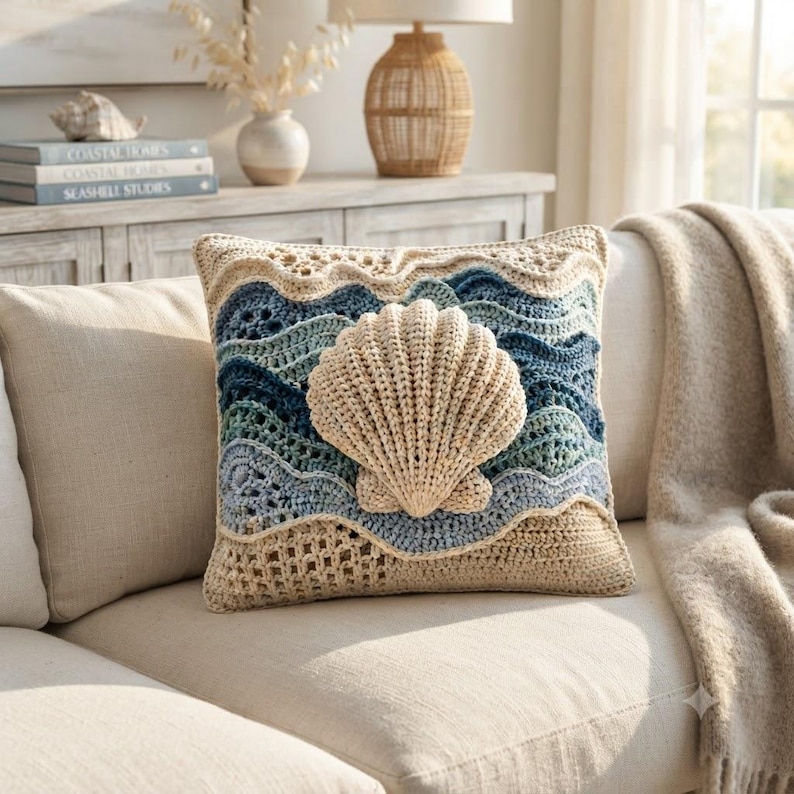May include: A square throw pillow featuring a three-dimensional crocheted seashell in a light beige yarn centered on a background of layered, wavy crochet patterns in shades of dark blue, teal, and light blue, with a solid beige base.