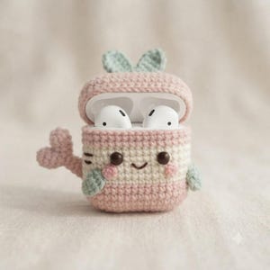 Pode incluir: Uma capa de croch&ecirc; para fones de ouvido sem fio com um design listrado em rosa claro e creme. A capa tem uma pequena cauda no lado esquerdo, duas orelhas pequenas no topo e um rosto com olhos escuros, um sorriso bordado e bochechas rosadas.