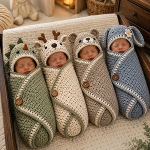 May include: Four infants wrapped in crocheted swaddles with animal-themed hoods. The swaddles feature a green dinosaur, a cream-colored deer with antlers, a tan bear, and a blue rabbit with long ears, each secured with a single wooden button.