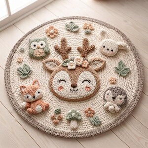 May include: A round, cream-colored crochet rug featuring a large, central deer head with antlers and floral accents. The rug is decorated with crocheted appliques of an owl, a fox, a rabbit, a hedgehog, a mushroom, and various leaves and flowers.