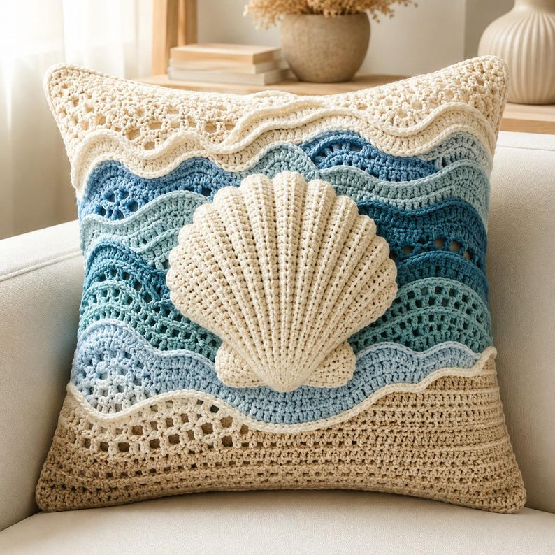 May include: A square crochet throw pillow featuring a textured beige base representing sand, layered with wavy rows of light blue, medium blue, and dark blue yarn to mimic ocean waves, topped with a large, cream-colored, three-dimensional seashell.
