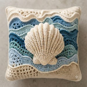 May include: A square crochet pillow featuring a central three-dimensional cream-colored seashell applique. The background consists of layered, wavy rows of yarn in various shades of blue, light blue, and cream, creating a textured ocean effect.