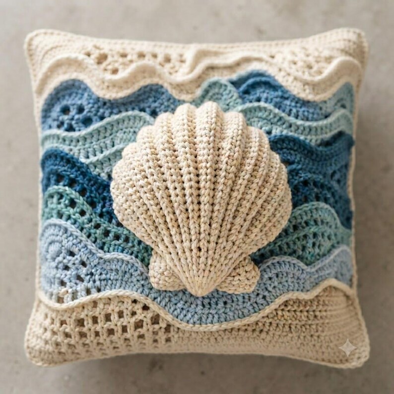 May include: A square crochet pillow featuring a central three-dimensional cream-colored seashell applique. The background consists of layered, wavy rows of yarn in various shades of blue, light blue, and cream, creating a textured ocean effect.