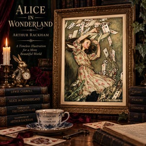 Op de afbeelding: Een ingelijste illustratie van Arthur Rackham van Alice in Wonderland omringd door speelkaarten. De scène bevat een stapel boeken met de titel Alice in Wonderland, een witte kaars, een konijnenfiguurtje met een zakhorloge en een theekopje met de tekst "Curiouser and Curiouser" op de voorzijde.