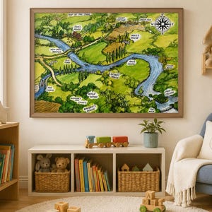 May include: A framed landscape map illustration featuring a winding blue river, green fields, and wooded areas. The map includes labels such as New Iron Bridge, Wild Wood, Badger's House, and Otter's House, with a compass rose in the top right corner.