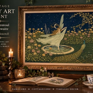 May include: A framed art print titled The Peacock by Ida Rentoul Outhwaite, depicting a winged figure in a flowing gown dancing near a circular pond under a starry sky, accompanied by a peacock. The text reads VINTAGE FAIRY ART PRINT.