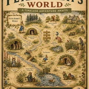 May include: A vintage-style map poster titled Visit Peter Rabbit's World, A Timeless Adventure Awaits. The illustration features a winding path connecting various locations like The Fir Wood, Hill Top Farm, and Mr. McGregor's Garden, populated by anthropomorphic animal characters in classic attire.