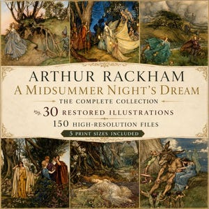 May include: A digital collection of Arthur Rackham's A Midsummer Night's Dream illustrations featuring 30 restored images, 150 high-resolution files, and 5 print sizes. The cover displays six distinct fantasy scenes with figures in nature.