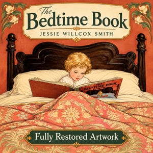 Könnte beinhalten: Eine Illustration im Vintage-Stil mit dem Titel The Bedtime Book von Jessie Willcox Smith, die ein Kind mit lockigem blonden Haar zeigt, das in einem dunklen Holzbett mit einer roten Blumendecke liest. Der Text lautet The Bedtime Book und Fully Restored Artwork.