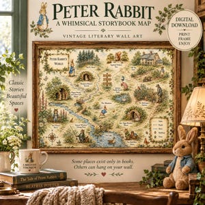 May include: A framed wall art print titled Peter Rabbit A Whimsical Storybook Map, featuring a detailed illustrated landscape of the storybook world with labeled locations, paths, and characters, presented in a vintage style with a wooden frame.