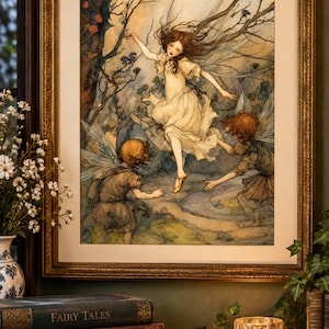 May include: A framed illustration depicting three winged figures in a forest setting. A central figure in a light dress dances while two smaller figures with wings reach toward them. The artwork features muted earth tones, branches, and flowers.