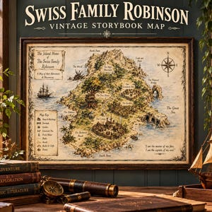 Könnte beinhalten: Eine gerahmte Karte im Vintage-Stil mit dem Titel Swiss Family Robinson Vintage Storybook Map, die eine Insel mit Baumhaus, Kolonie und Viehgehege zeigt. Die Karte enthält eine Windrose, eine Legende und den Text, I am the master of my fate; I am the captain of my soul.
