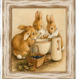 Könnte beinhalten: Eine gerahmte Illustration mit drei braunen Kaninchen, die sich um eine große weiße Rührschüssel und einen hohen Krug versammelt haben. Ein geflochtener Korb mit dunkelblauen Beeren steht im Vordergrund, begleitet von grünen Blättern.