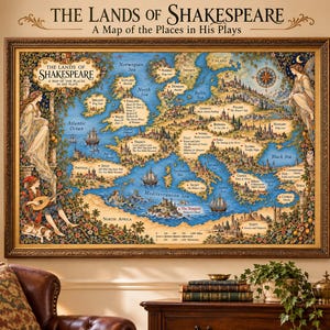 以下が含まれることがあります： 「The Lands of Shakespeare: A Map of the Places in His Plays」と題された額装された壁掛け地図。青い海とベージュの陸地でヨーロッパを描き、人物、船、地名のラベルがイラストで添えられています。