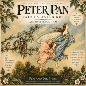 May include: A vintage illustration print titled Peter Pan Fairies and Birds by Arthur Rackham. The artwork features two winged fairies in flowing blue and pink dresses flying above green trees, with four small birds perched on a flowering branch.