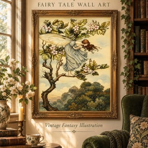 Op de afbeelding: Een ingelijste wandkunstprint getiteld ARTHUR RACKHAM FAIRY TALE WALL ART met een vintage fantasie-illustratie van een gevleugelde figuur in een blauwe jurk op een bloeiende boomtak, geplaatst in een sierlijke gouden lijst.