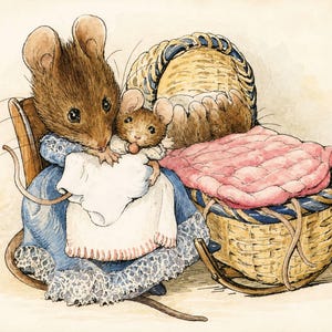 Pode incluir: Uma ilustração em aguarela de um rato castanho vestido com um vestido azul com rebordo de renda branca, segurando um rato mais pequeno com uma peça de roupa branca. Ao lado, um berço de vime entrançado com rebordo azul e manta rosa.