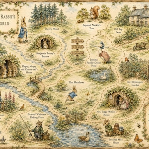 May include: A detailed illustrated map titled Peter Rabbit's World, featuring various animal characters and locations like The Fir Wood, Hill Top Farm, and Mr. McGregor's Garden. The map includes a compass rose, a legend, and winding paths.