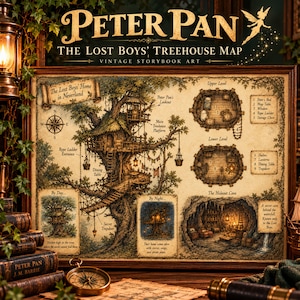 Pode incluir: Uma impressão emoldurada intitulada Peter Pan The Lost Boys' Treehouse Map com arte de livro de histórias vintage. A ilustração mostra uma casa na árvore detalhada, plantas de níveis, uma caverna escondida e legendas explicativas.
