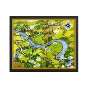 May include: A framed watercolour map illustration featuring a winding blue river through green fields and forests. Labeled locations include Tom's House, New Iron Bridge, Old Ford, The Canal, Weaser's and Stoat's, Badger's House, Wild Wood, Otter's House, Ray's House, Fisher Bend, Pan Island, The Weir, Nole's House, Sheep Pen, Candy Cottage, and a compass rose.