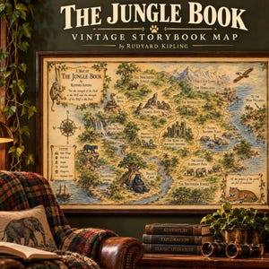 Könnte beinhalten: Ein rechteckiger Wandkunstdruck mit dem Titel The Jungle Book Vintage Storybook Map von Rudyard Kipling. Die Karte zeigt illustrierte Wahrzeichen wie Council Rock, The Ruins of Ancient Seonee und Baloo's Cave sowie eine Windrose und Legende.