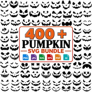 May include: A digital collection of over 400 black pumpkin face silhouettes arranged in a grid. The central rectangular box features the orange and black text 400 + PUMPKIN SVG BUNDLE, accompanied by six colorful icons labeled PNG, JPG, SVG, EPS, PDF, and AI.