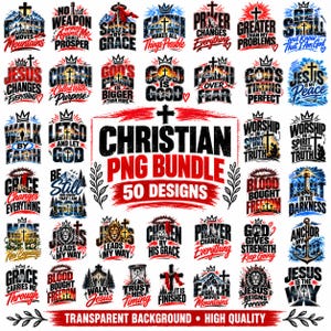 Pode incluir: Uma coleção digital de 50 designs gráficos com temática cristã, apresentando várias frases religiosas, cruzes, coroas e ilustrações de paisagens, leões e âncoras, centrada no texto Christian PNG Bundle 50 Designs.