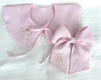 リネン製ベビー用取り外し可能襟とリボンセット、刺繍入りバレリーナ風襟、ピンクの幼児用アクセサリー、フラワーガール衣装用リボンクリップ