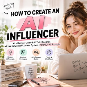 Puede incluir: Una guía digital titulada How to Create an AI Influencer que incluye una pila de libros, una taza blanca con texto, un cuaderno, un portátil con el texto Create Your AI Twin Live Your Dream y tres fotos pequeñas sobre viajes, fitness y estilo de vida.