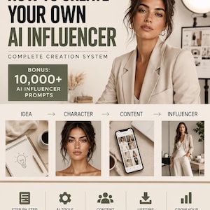 Puede incluir: Una guía digital titulada HOW TO CREATE YOUR OWN AI INFLUENCER, que muestra a una persona con blazer beige, un flujo de proceso de IDEA a INFLUENCER, e iconos para guías paso a paso, herramientas de IA, plantillas de contenido y acceso vitalicio.