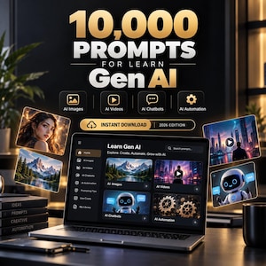 May include: A digital product display featuring the text 10,000 PROMPTS FOR LEARN Gen AI and INSTANT DOWNLOAD 2026 EDITION. A laptop screen shows a Learn Gen AI interface with categories for AI Images, Videos, Chatbots, and Automation.