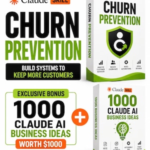 以下が含まれることがあります： Claude Skill Churn Preventionおよび1000 Claude AI Business Ideasと書かれた2つの白い長方形の製品ボックス。ボックスには緑と黒のテキスト、ビジネス分析用のアイコン、1000ドル相当の限定ボーナスオファーが表示されています。