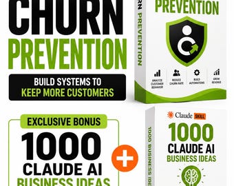 May include: Two white rectangular product boxes featuring the text Claude Skill Churn Prevention and 1000 Claude AI Business Ideas. The boxes display green and black text, icons for business analysis, and an exclusive bonus offer worth $1000.